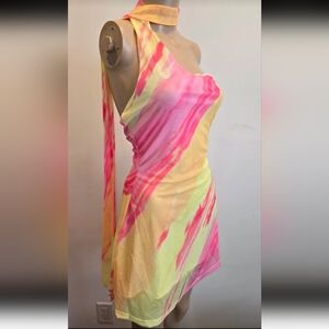 Summer Tie-Dye One-Shoulder Dress in Pink & Yellow - XS